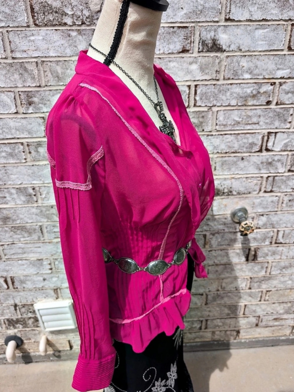 Y2K vintage hot pink fairy core sheer ruffle blouse - Picture 2 of 7